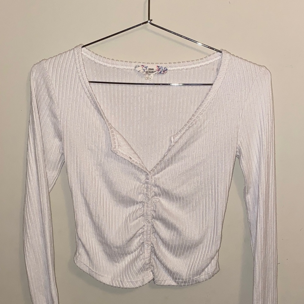 White Ribbed V-Neck Button Up Top